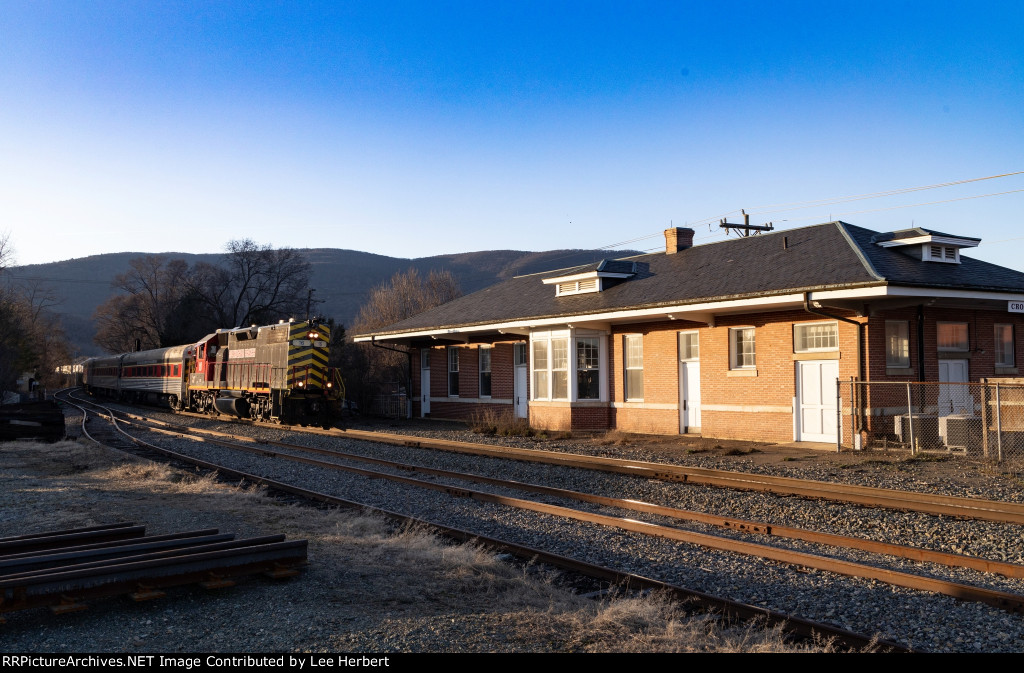 The evening dinner train passes by the Crozet Depot